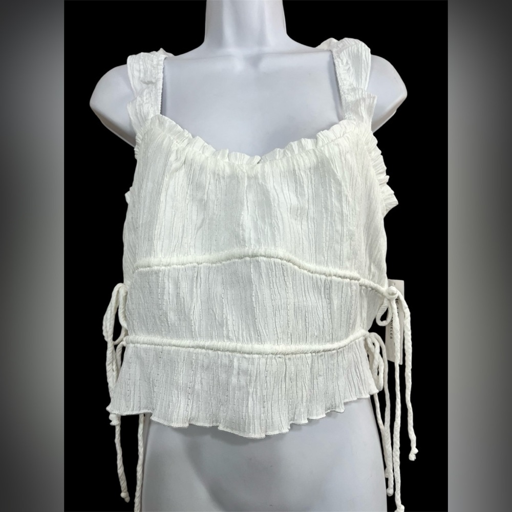 NWT Kirious White Crop Top‎ Tiered Ruffle Straps L Drawstring Sides Boho Cottage